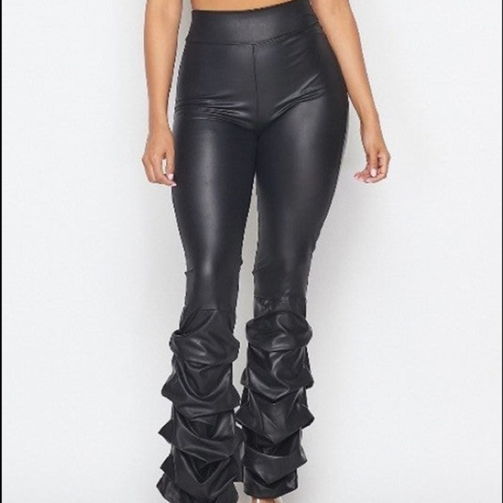Women's Black High Waist Faux Leather Ruched Pants